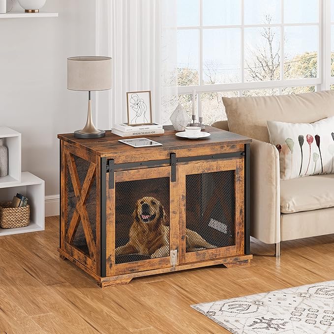 GAOMON Sliding Doors Dog Crate Furniture,Indoor Wooden Dog Crate Furniture with End Table and Flip-top Plate,Detachable Divider for Dog Kennel,Dog House, Rustic Brown