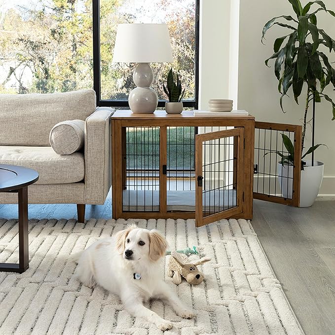 Furniture-Style Dog Crate - Acacia Wood Kennel for Medium Dogs with Double Doors and Cushion - Dog Cage Furniture by PETMAKER (Natural)