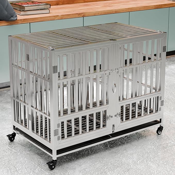 37" 42" 48" Heavy Duty Dog cage Stainless Steel Metal Kennel and Crate, Collapsible for Medium to Large Dogs, Easy to Assemble pet Pen with Four Lockable Wheels, Black Tray (48in-sm)