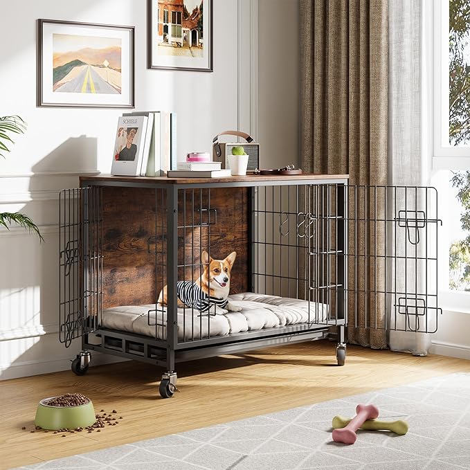 2024 Dog Crate Furniture, 38.6" Double-Doors Dogs Kennel Indoor with Removable Tray and Wheels, Wooden Dog Crates for Large Dogs, Large Dog Crate, Decorative Dog Cage End Table, Rustic Brown