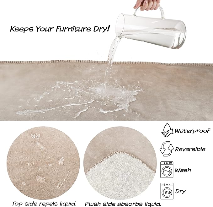 PETMAKER Waterproof Blanket for Pets - Reversible Throw Protects Couch, Car, and Bed from Spills, Stains, or Fur - Plush Blanket (Tan)