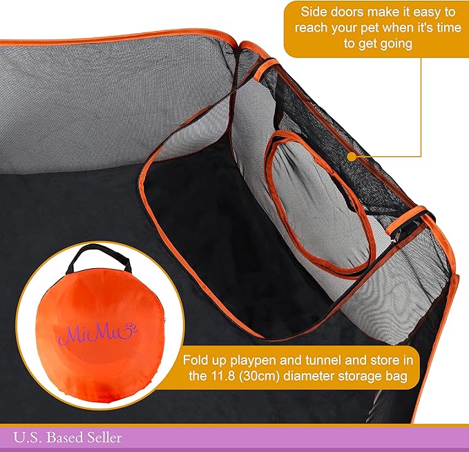 MiMu Dog Playpen Indoor Outdoor 4 Foot Cat Tent with Exercise Tunnel - Orange Pop Up Travel Playpen for Puppies, Kittens, Rabbits, Guinea Pigs, and Small Pets - Portable Enclosed Mesh Pen with Case