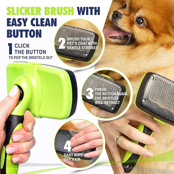 Self-Cleaning Slicker Brush - One-Click Cleaning Function - Gentle & Effective Pet Hair Remover - Dog Grooming Accessories for Small, Medium & Large Dogs and Cats