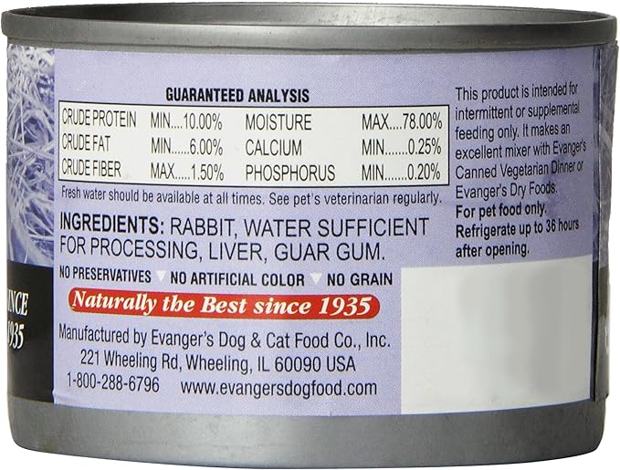 Evanger'S 776255 24-Pack Grain Free 100-Percent Rabbit For Dogs And Cats, 6-Ounce