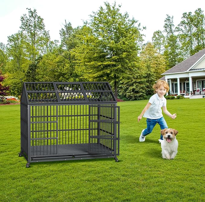 Heavy Duty Dog Crate, 52 Inch Dog Crate with Double Door, 360° Lockable Wheels and Removable Tray, Easy to Assembly,Indoor Dog Cage for Small Medium Large Dogs