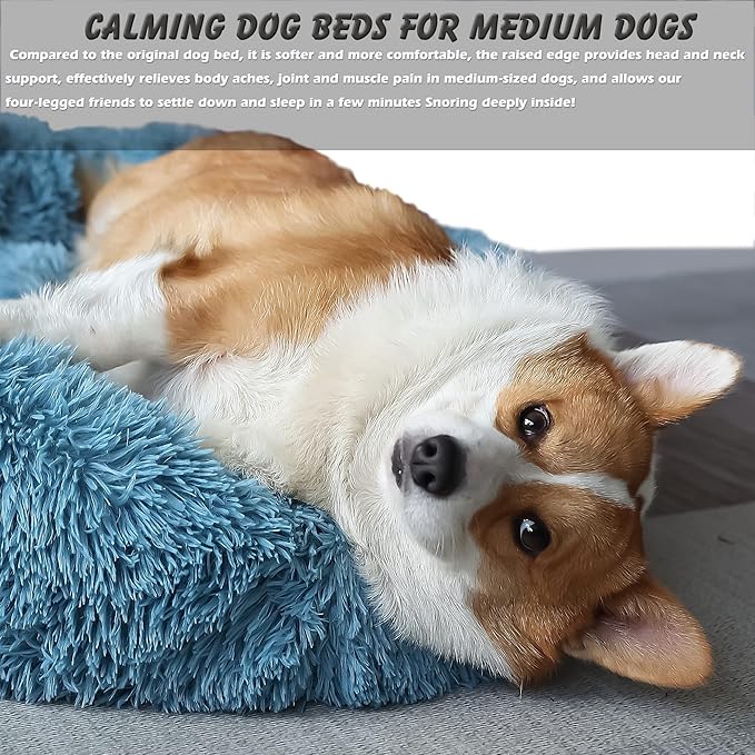 Dog Beds for Medium Dogs Washable Calming Bed for Dogs Blue Fluffy and Soft Dog Bed Anti Anxiety Faux Fur Round Medium Sized Pet Bed for Dogs
