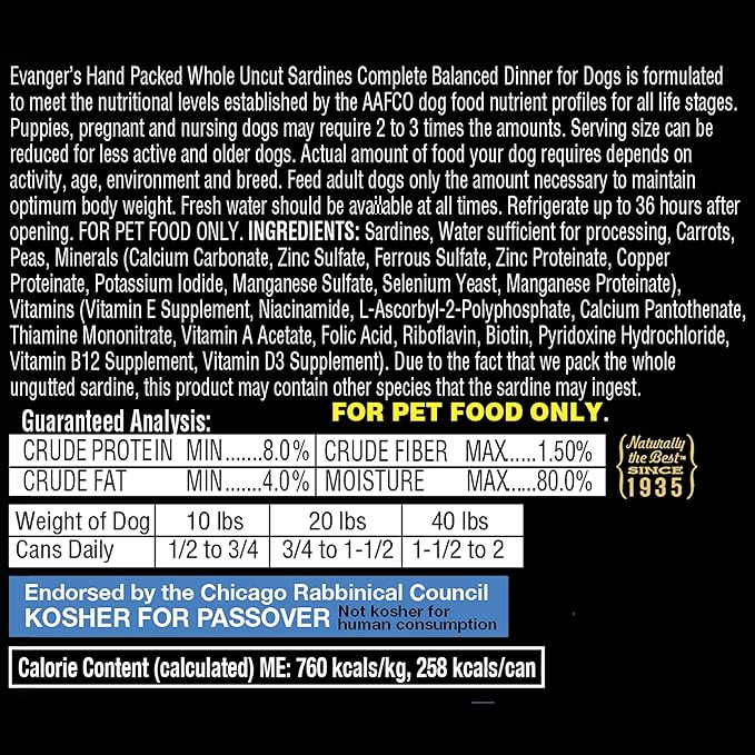 Evanger's Hand Packed Whole Uncut Sardines for Dogs - 12, 12 oz Cans
