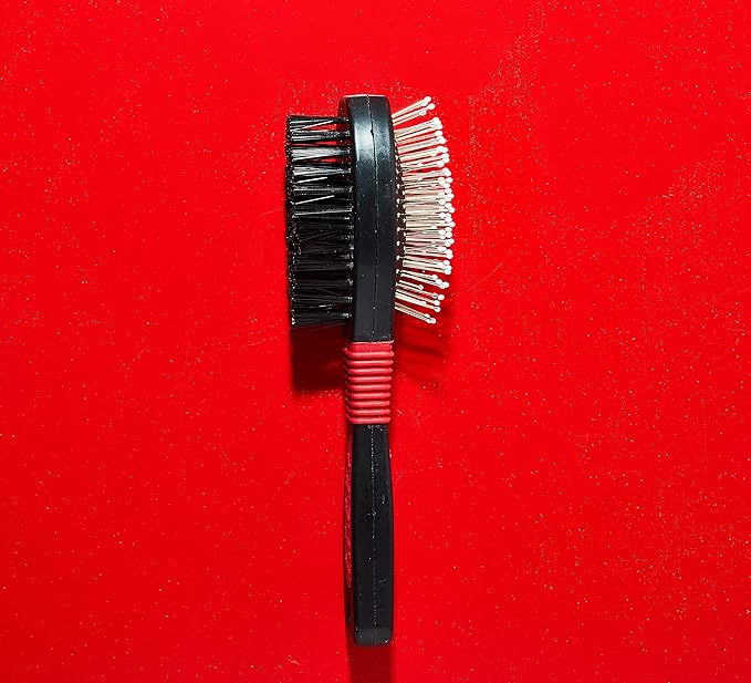 FURemover Grooming Brush & Comb Set, Suitable for All Coats, Includes One Flea Comb and One Dual-Sided Brush with Soft Bristles and Rounded Pins, Black and Red (1208A12-AMZ)