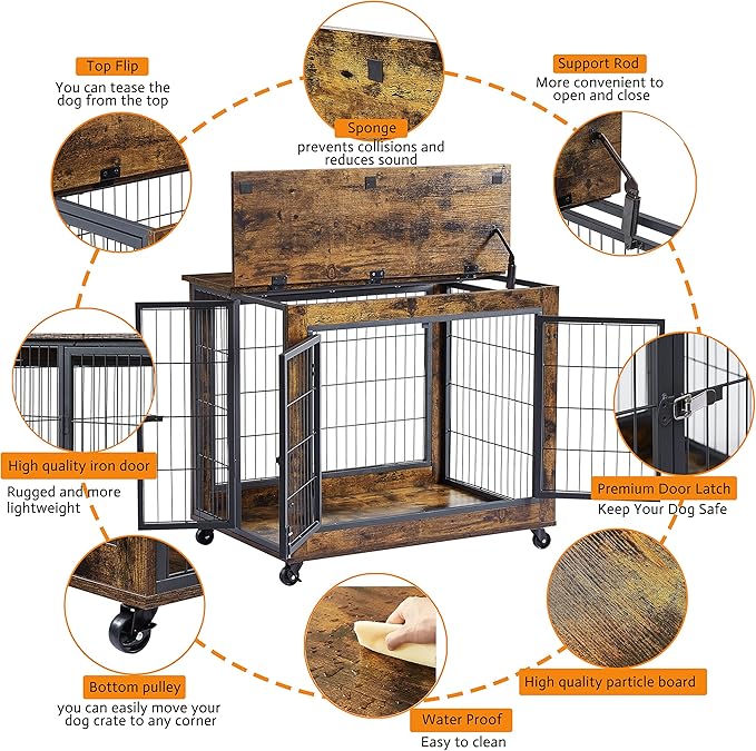 Furniture Style Dog Crate Side Table on Wheels,Decorative Pet House Heavy Duty Kennel with Double Doors and Lift Top,for Small and Medium Dogs,31.50'' W x 22.05'' D x 25'' H,Rustic Brown