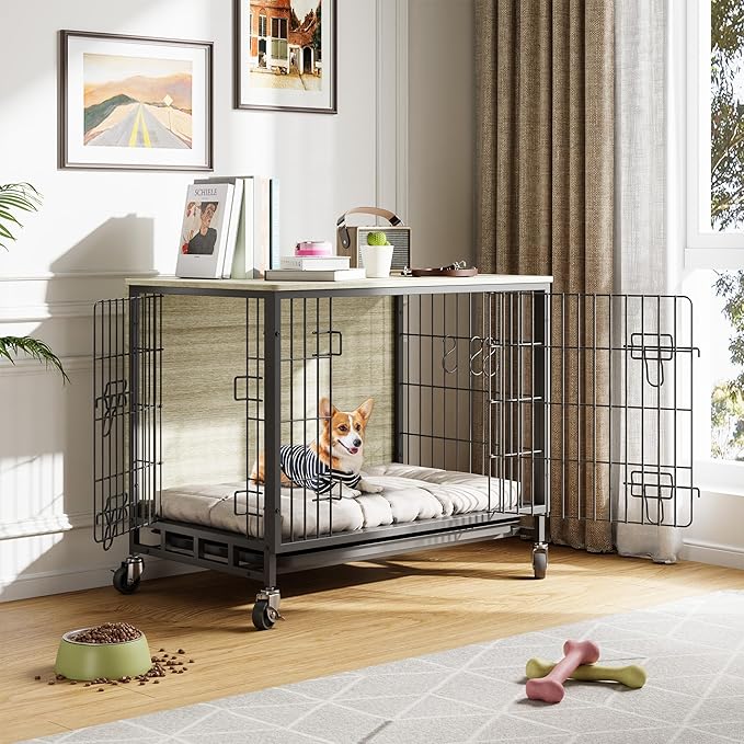 Dog Crate Furniture, 27.2" Wooden Dog Kennel with Wheels & Double Doors, Dog Cage End Table Upgraded, Indoor Dog Crate House for Small Medium Dogs, Rustic Grey