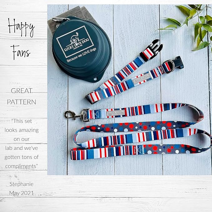 Lucky Love Dog, Nautical Dog Collar, Polka Dot Blue Red White Striped Collar for Male Female Dogs, Adjustable & Comfy - (Small, Linus Collar)