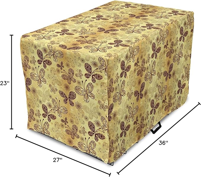 Lunarable Yellow and Brown Dog Crate Cover, Butterflies with Lace Style Ornament Spring Season Beauty Nature Print, Easy to Use Pet Kennel Cover for Medium Large Dogs, 36 Inch, Chestnut Brown
