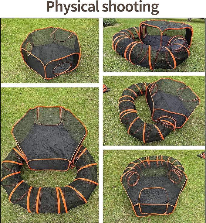 Orange Portable, Foldable Outdoor Cat Enclosure with Tunnel - Suitable for Small Pets