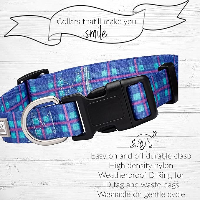 Lucky Love Dog, Blue and Violet Plaid Dog Collar, Adjustable & Comfy Collar for Boy and Girl Dog, Easy On & Off Clasp Accessory - (Medium, Scotty Collar)