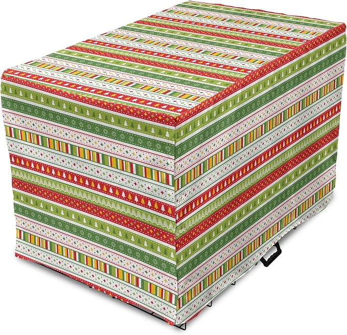 Ambesonne Christmas Dog Crate Cover, Traditional Winter Seasonal Borders Stars Bells Trees Stripes Print, Easy to Use Pet Kennel Cover for Medium Large Dogs, 48 Inch, Lime Green