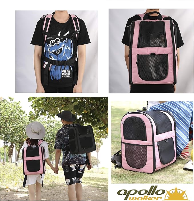 Apollo Walker Pet Carrier Backpack for Large/Small Cats and Dogs, Puppies, Safety Features and Cushion Back Support for Travel, Hiking, Outdoor Use (Pink)