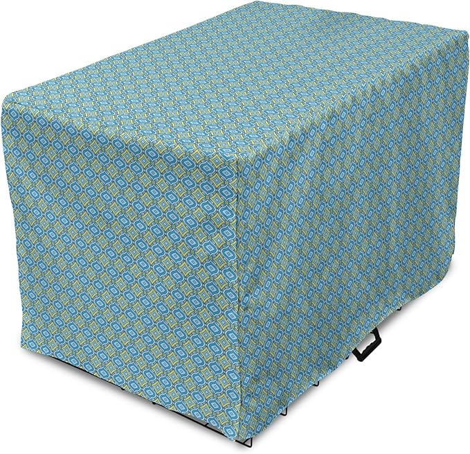 Lunarable Yellow and Blue Dog Crate Cover, Hand Drawn Abstract Ornament Rhombus Shapes Mosaic Vintage, Easy to Use Pet Kennel Cover for Cats & Medium Dogs, 30 Inch, Blue Aqua Yellow