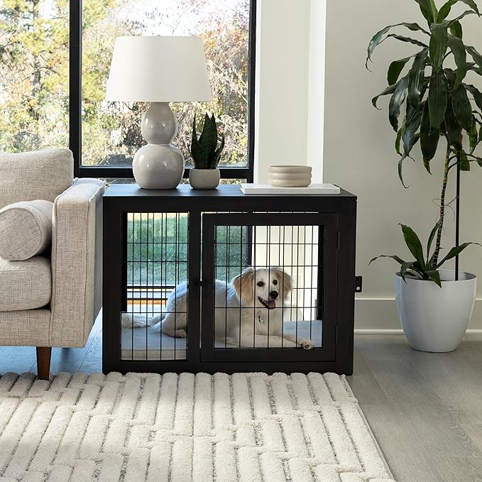 Furniture-Style Dog Crate - Acacia Wood Kennel for Medium Dogs with Double Doors and Cushion - Dog Cage Furniture by PETMAKER (Black)