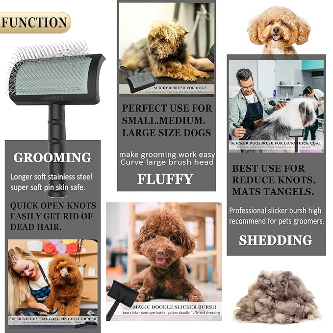 Slicker Brush for Goldendoodles - Gentle Soft Pins for Thick and Long Fur, Poodles Grooming, Fluff Removal, Detangling Shedding Hair, 25mm(1")
