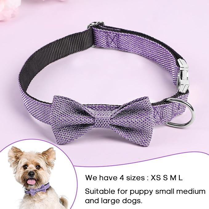 Dog Collar with Bow for Small Medium Large Dogs, Cute Bling Dog Bow Tie Collar with Metal Buckle, Soft & Durable for Medium Dogs Walking (Purple, M)