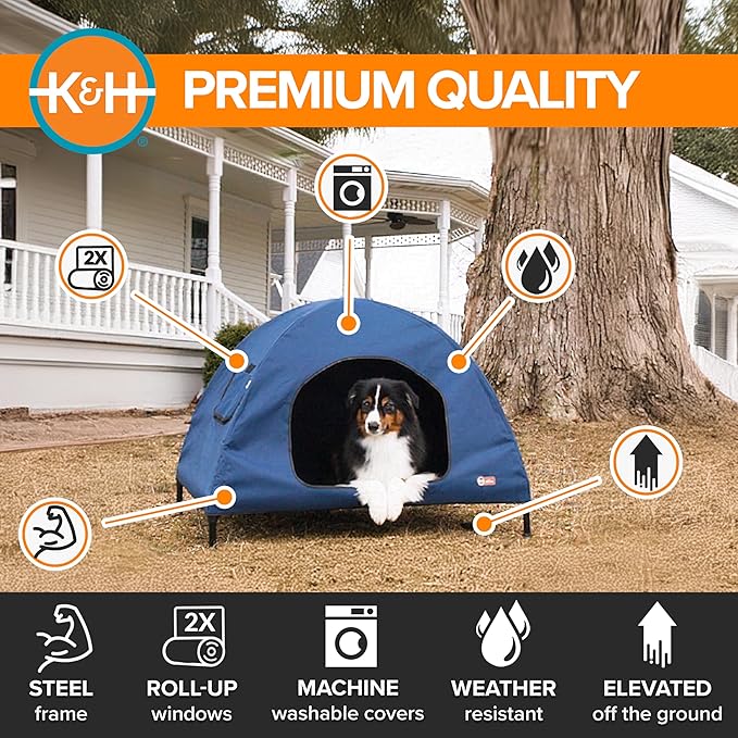 K&H Pet Products Pet Cot House for Large Dogs, Outdoor Elevated Dog Cot House, Enclosed Canopy, Window Flaps for Air Flow, Washable Cover, Raised Metal Frame, Collapsible - Large 42 X 30in Blue