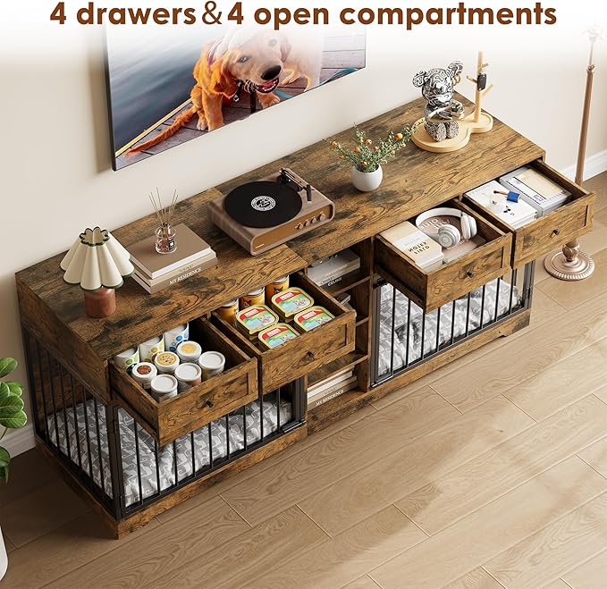 IDEALHOUSE 82” Large Dog Crate for 2 Dogs, Dog Kennel Indoor with 4 Drawers and Shelves, Double Dog Crate Furniture TV Stand, Wooden Heavy Duty Dog Crate for Medium Large Dogs, Rustic Brown