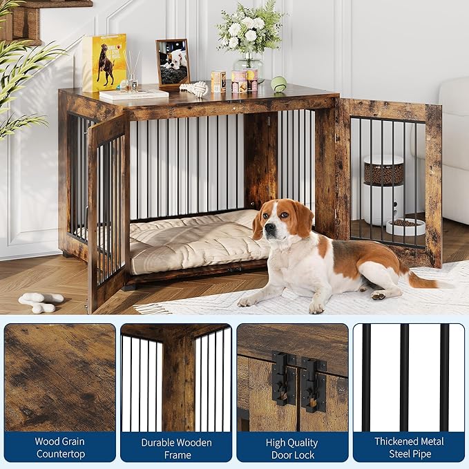 31.5" Dog Crate Furniture, Wooden Kennel with Locking Double Doors, Chew-Resistant Indoor Pet Cage End Table for Medium Breeds, Brown