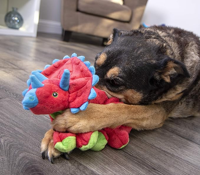 goDog Dinos Frills Squeaky Plush Dog Toy, Chew Guard Technology - Red, Large