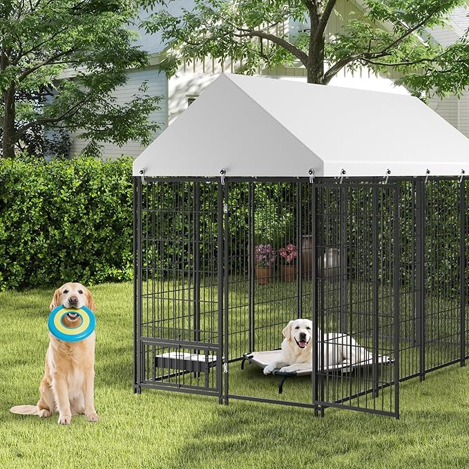 Large Dog Kennel Outside - 7.9 x 4.1 x 5.9 ft Dog Outdoor Kennel with Roof, Outside Dog kennels with Rotating Feeding Bowls, Big Dog Kennel for Dogs