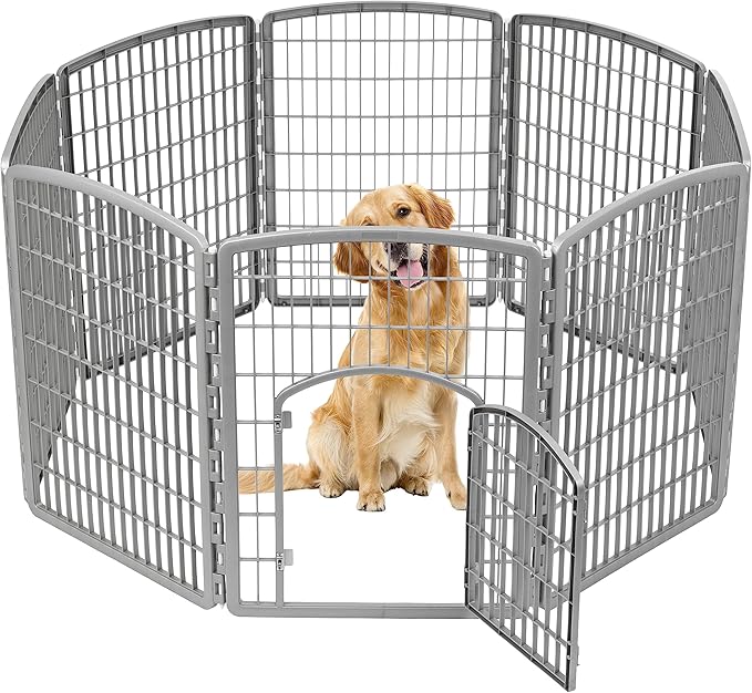 IRIS USA Dog Playpen, 8-Panel 34" Pet Playpen with Door, Puppy Playpen, Indoor/Outdoor Dog Pen, 63 x 63 x 34, Foldable, Customizable, Chrome