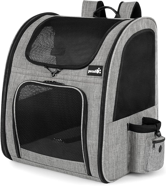Pecute Cat Backpack, Adult Cat Backpackswith Breathable Mesh, Collapsible Small Dog Backpack, Pet Backpack with Multi-Pockets, Great for Travel Hiking Camping (Gray)
