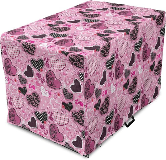 Lunarable Hearts Dog Crate Cover, Sewing Themed Love with Polka Dots Valentine's Day Inspired Image, Easy to Use Pet Kennel Cover for Medium Large Dogs, 42 Inch, Pink Black White