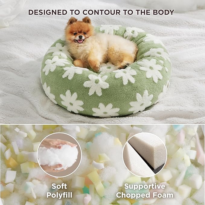 Lesure Donut Small Dog Bed - Round Cat Beds for Indoor Cats Calming Pet Beds, Cute Modern Beds with Jacquard Shaggy Plush & Anti Slip Bottom, 23 Inch, Green
