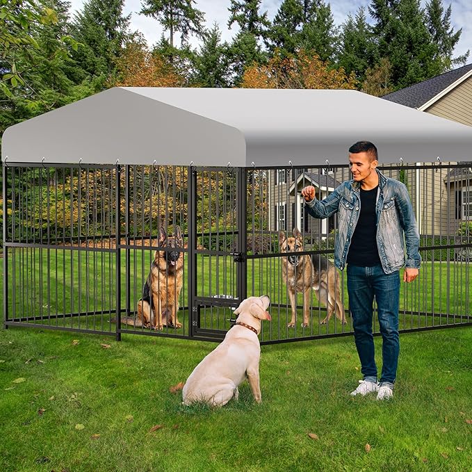Large Outdoor Dog Kennel with Waterproof Cover, Large Dog House with Feeding Doors, Heavy Duty Dog Enclosures for Garden Backyard Courtyard(10×10×7FT)