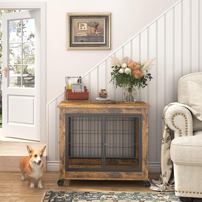 NicBex Dog Crate Furniture Dog Cage with 3 Doors and Lift Top, Dog Kennels for Inside Space, Wooden Dog Crate on Wheels with Durable Frame for Multiple Dogs, Rustic Brown