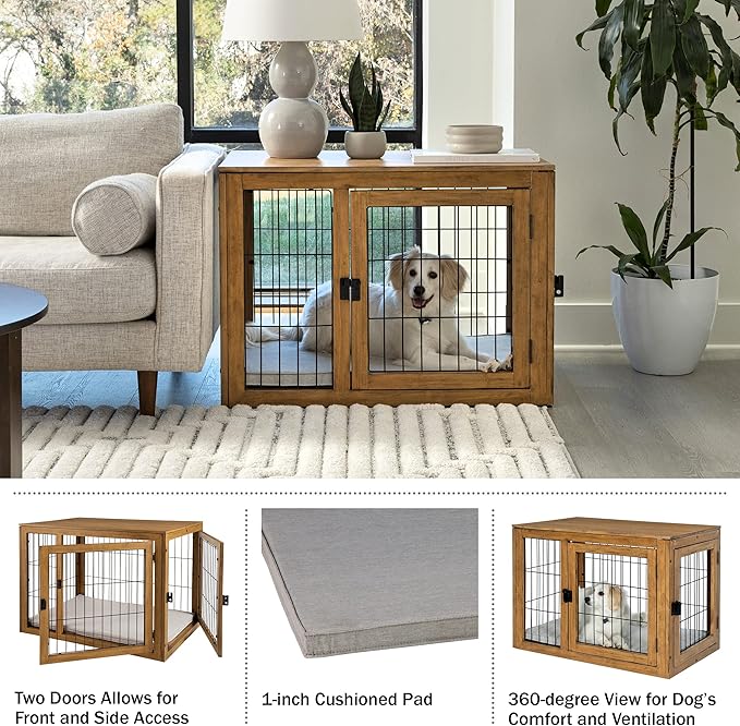 Furniture-Style Dog Crate - Acacia Wood Kennel for Medium Dogs with Double Doors and Cushion - Dog Cage Furniture by PETMAKER (Natural)