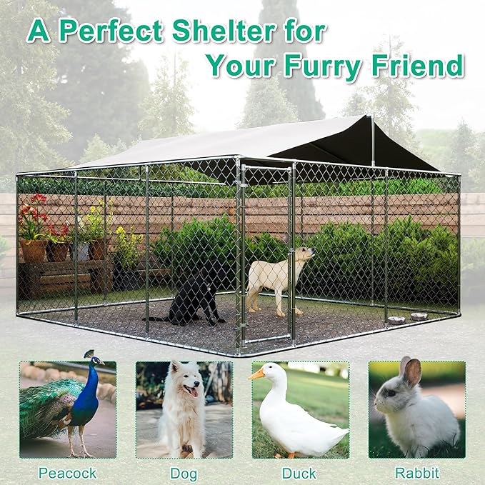 KELRIA Large Outdoor Dog Kennel with Waterproof Roof, Heavy Duty Dog Cage w/Secure Lock, Galvanized Steel Dog Fence House Enclosure, Dog Playpen for Outside Backyard, Silver (177.6x177.6x91.2 in)