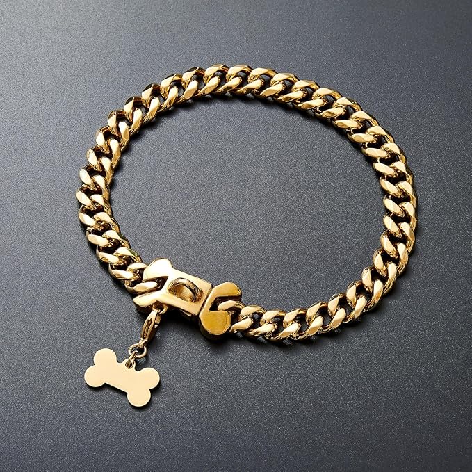 15mm Wide Strong Stainless Steel Bone Style Buckle Gold Dog Chain Collar,18K Gold Plated Cuban Link Chain Dog Necklace Collar for Medium Large Dogs - 20''