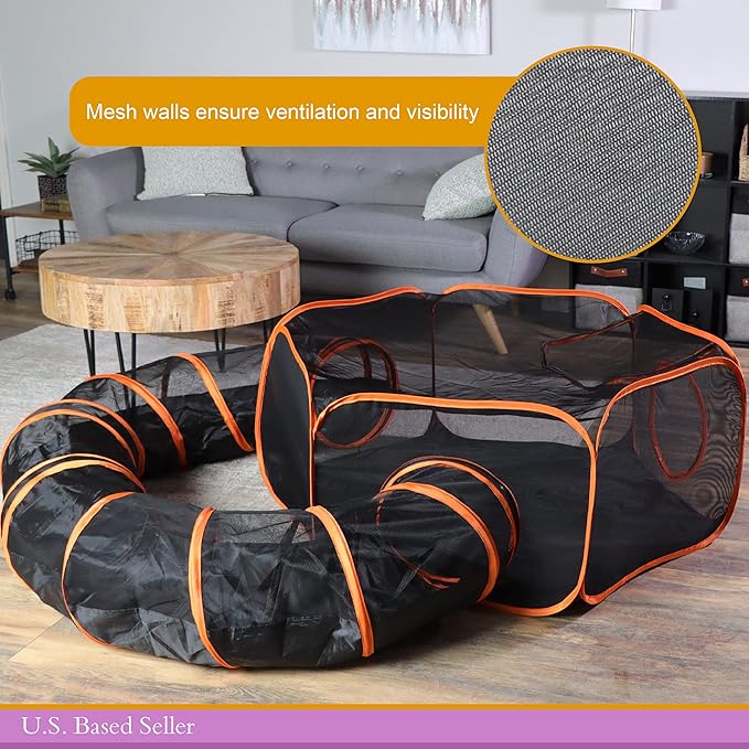 MiMu Dog Playpen Indoor Outdoor 4 Foot Cat Tent with Exercise Tunnel - Orange Pop Up Travel Playpen for Puppies, Kittens, Rabbits, Guinea Pigs, and Small Pets - Portable Enclosed Mesh Pen with Case