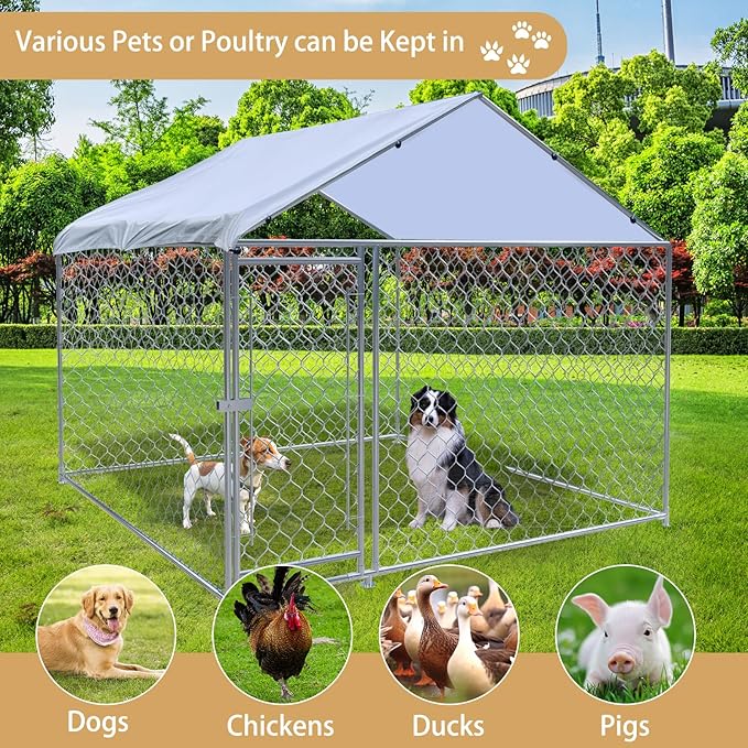 Large Outdoor Dog Kennel, 6.6 × 6.6 × 5FT Heavy Duty Dog Cage with Roof and Secure Locks, Spacious Dog Crate Fence for Dogs, Chicken Outside