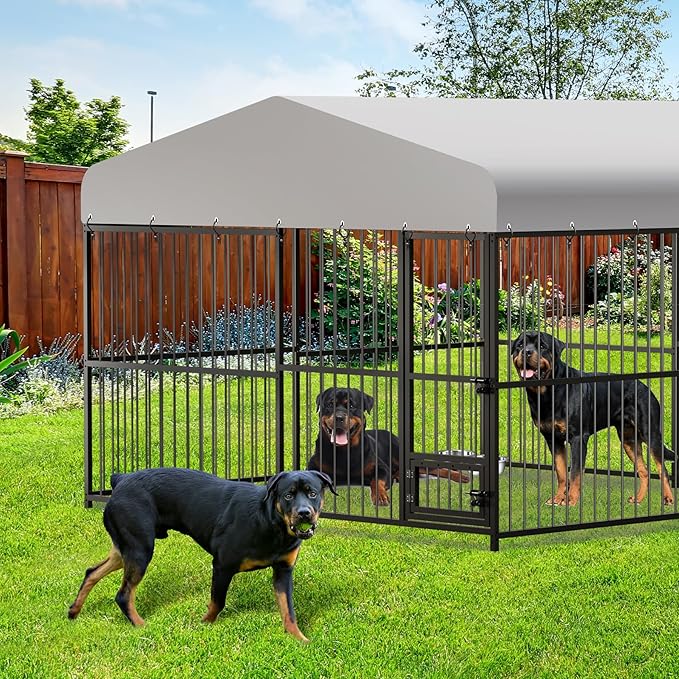 Large Outdoor Dog Kennel with Waterproof Cover, Large Dog House with Feeding Doors, Heavy Duty Dog Enclosures for Garden Backyard Courtyard(10×10×7FT)