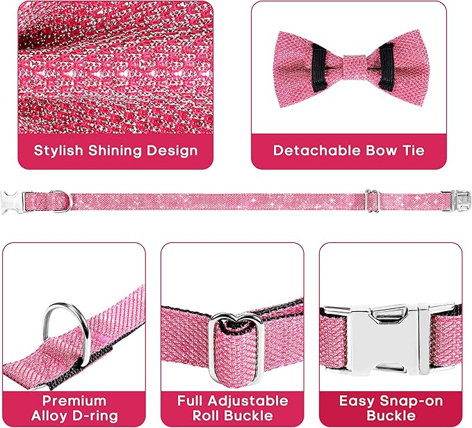 Dog Collar with Bow for Small Medium Large Dogs, Cute Bling Dog Bow Tie Collar with Metal Buckle, Soft & Durable for Large Dogs Walking (Dark Pink, L)