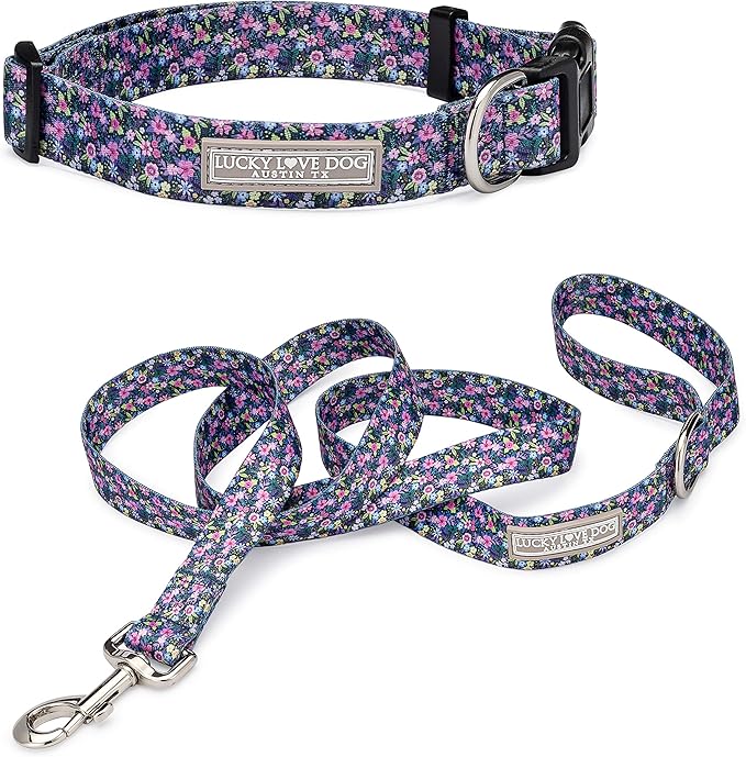 Lucky Love Dog, Matching Dog Collar & Leash Set for Female Dogs, Soft, Adjustable, Safe for Training and Walking, Black & Purple Floral Print, Primrose Combo, Small