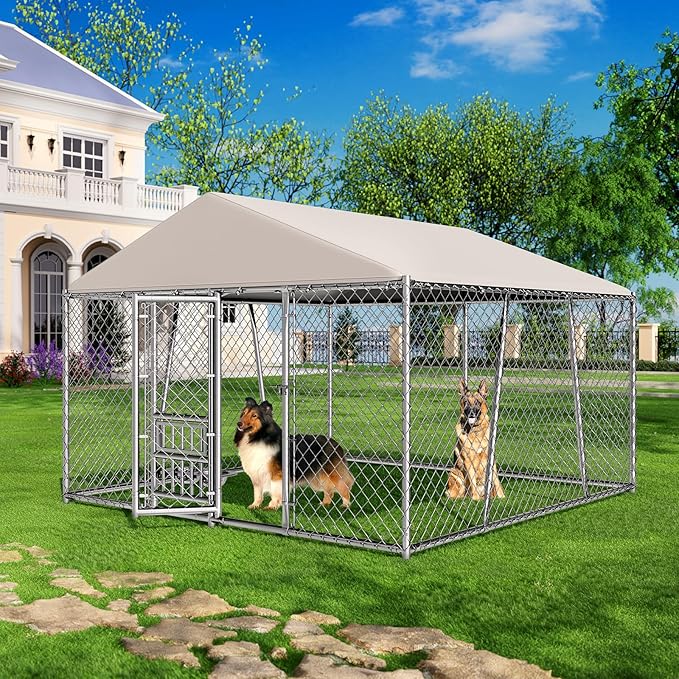 10 x 10FT Large Outdoor Dog Kennel with Bowls, Dog Kennel Outside with Waterproof Cover Roof, Galvanized Heavy Duty Chain Link Dog Runs Cage Playpen for Outside with Secure Lock