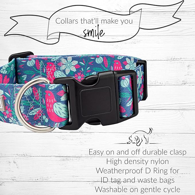 Lucky Love Dog Wide Dog Collar - Adjustable, Durable, Soft Webbing, & Comfortable 1.5 inch Wide Collar for Dogs Male and Female - in Carriebelle Pattern with Strong Buckle, Large Size