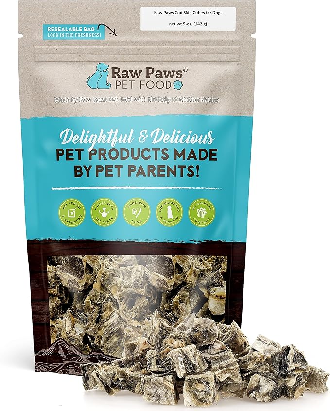 Raw Paws Cod Skin Cubes for Dogs, 5-oz – Cod Skins for Dogs - Fish Skins for Dogs - Fish Skin Chews for Dogs - Cod Skin Dog Treats - Cod Treats for Dogs - Crunchy Cod Treats for Dogs - Cod Dog Treats
