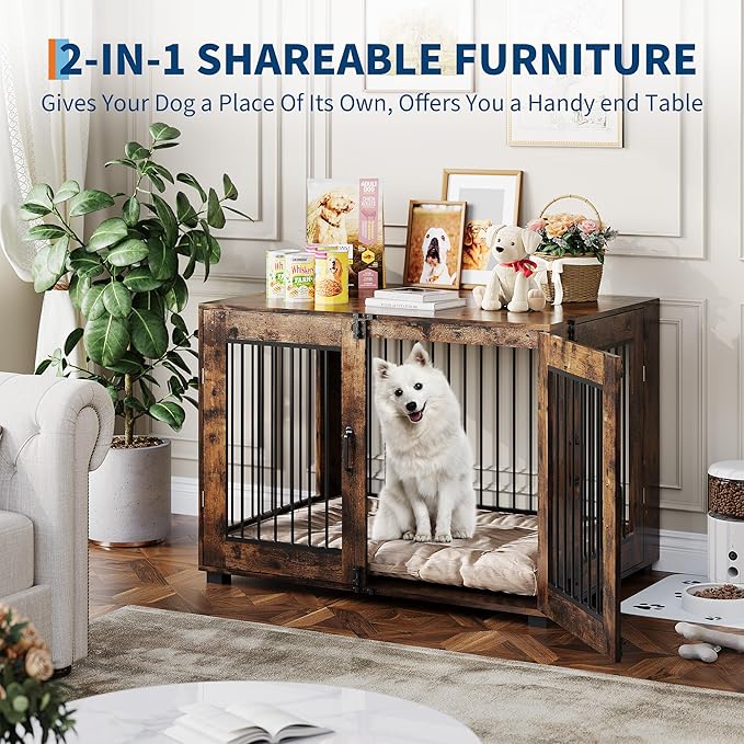31.5" Dog Crate Furniture - Chew-Resistant Wooden Kennel with Locking Double Doors, Indoor Pet Cage End Table for Medium Breeds