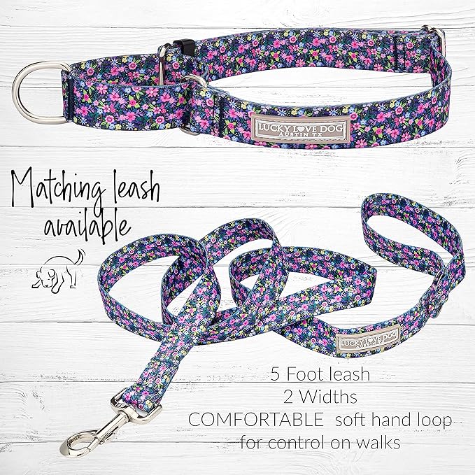 Lucky Love Dog Martingale Collar and Leash Set, Premium No Slip Collar for Large Dogs, Flower Martingale Collar for Girl Dogs, Great for Whippets, Greyhounds, and More (Primrose, Medium - Combo)