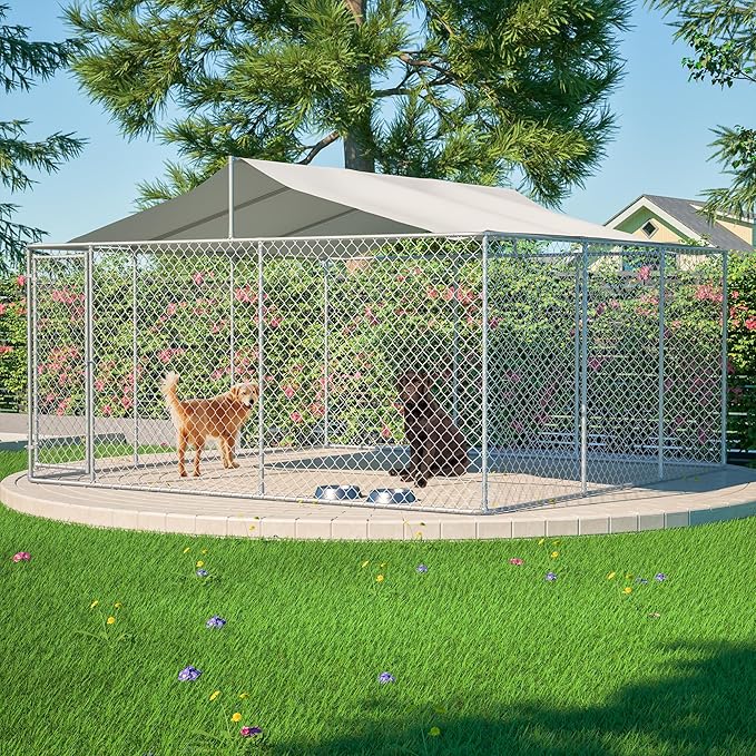 Large Outdoor Dog Kennel, Heavy Duty Galvanized Steel Dog Enclosure, Chicken Coop w/ Waterproof UV-Resistant Cover, Lockable Door Chain Link for Small & Large Pets, Backyard-177.6"L x 177.6"W x 91.2"H