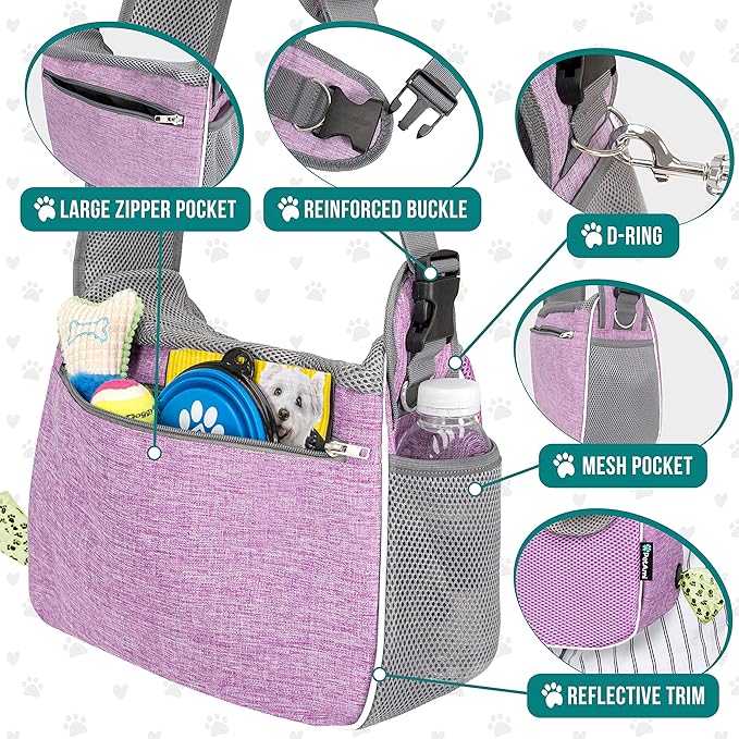 PetAmi Small Dog Sling Carrier, Soft-Sided Crossbody Puppy Carrying Purse Bag, Adjustable Sling Pet Pouch to Wear Medium Dog Cat Travel, Dog Bag for Traveling, Breathable, Poop Bag Dispenser, Purple